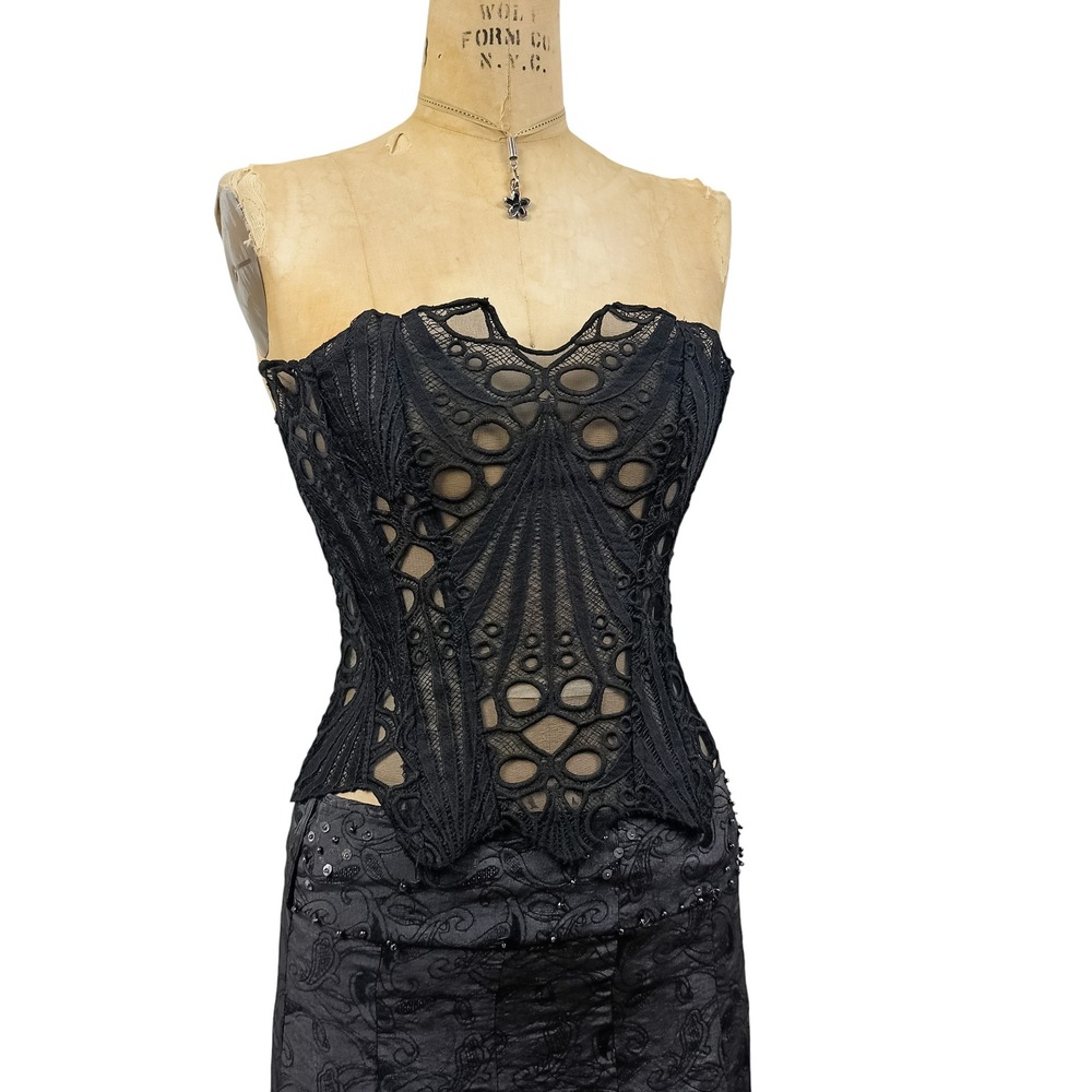 Gothic Black Lace Corset Ribbon Back Dark Romantic Whimsygoth Vampy Size S
